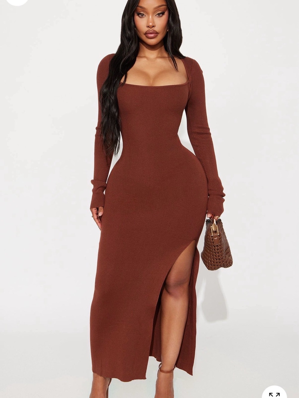 Fashion Nova Chocolate Brown Square Neck Long Sleeve Maxi Dress